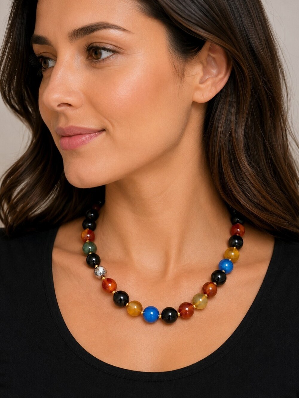 Vtg Handknotted Gemstone Rainbow Five Chakra Chunky Beaded Necklace